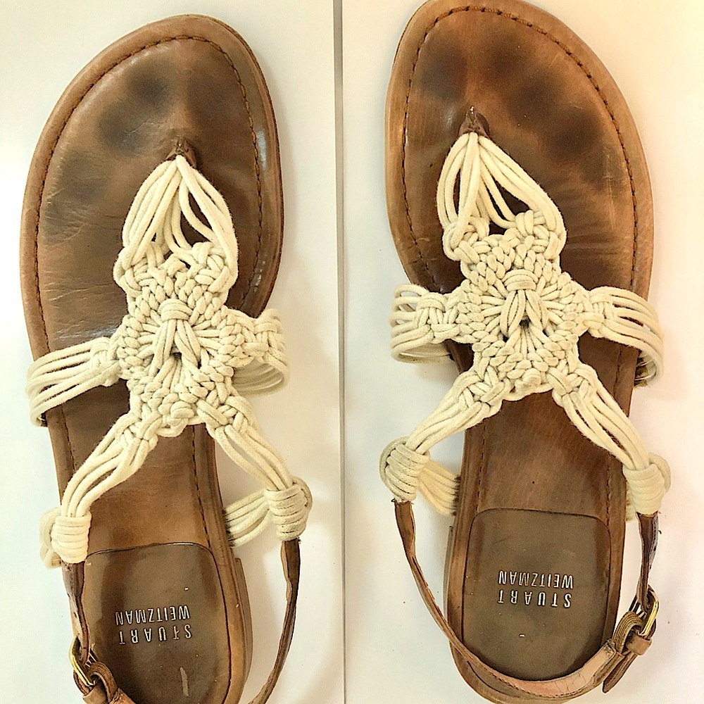 Stuart Weitzman off white rope thong sandal with intricate design